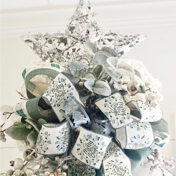 Christmas Tree Topper Bow Star Holiday Decor Mod Farmhouse White, Green & Silver - Picture 1 of 12